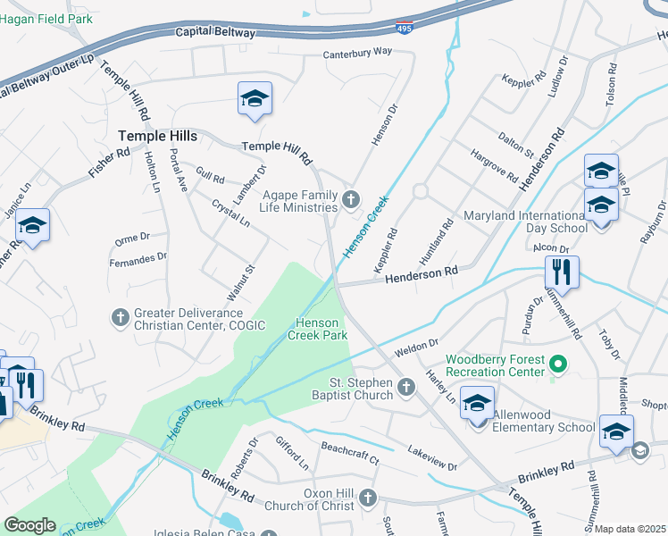 map of restaurants, bars, coffee shops, grocery stores, and more near Temple Hill Road in Temple Hills
