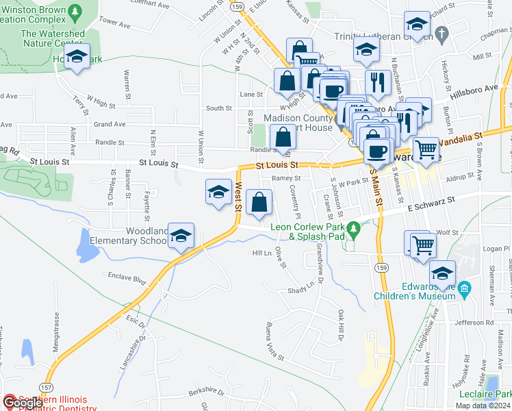 map of restaurants, bars, coffee shops, grocery stores, and more near 225 Pine Street in Edwardsville