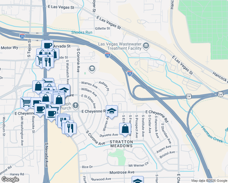 map of restaurants, bars, coffee shops, grocery stores, and more near 1610 Lenmar Drive in Colorado Springs