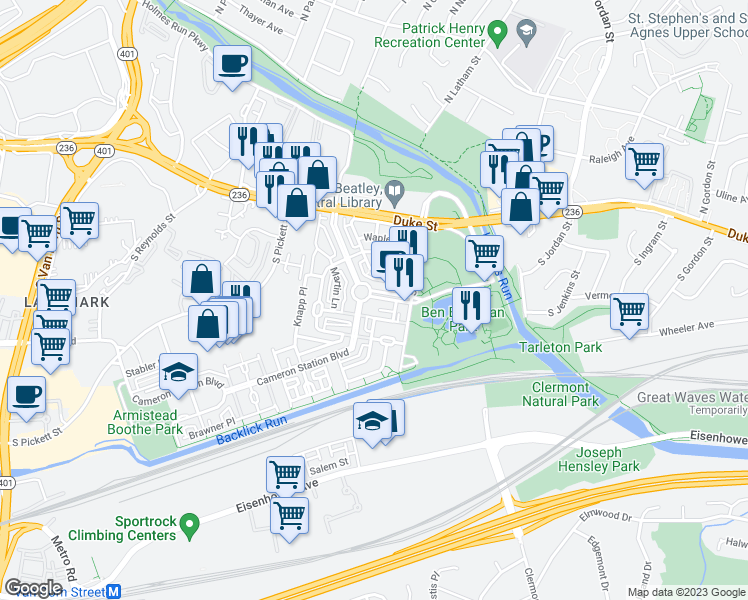 map of restaurants, bars, coffee shops, grocery stores, and more near 4950 Brenman Park Drive in Alexandria