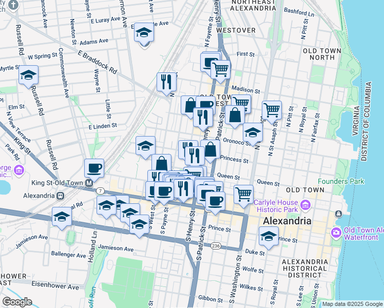 map of restaurants, bars, coffee shops, grocery stores, and more near 1118 Princess Street in Alexandria