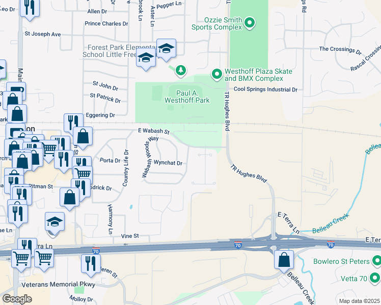 map of restaurants, bars, coffee shops, grocery stores, and more near 200 Wabash Woods Way in O'Fallon