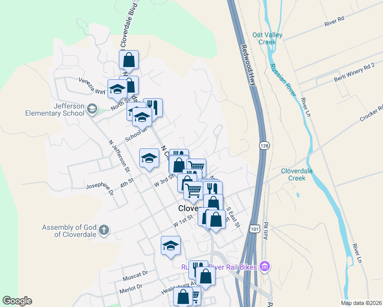map of restaurants, bars, coffee shops, grocery stores, and more near 326 North Main Street in Cloverdale