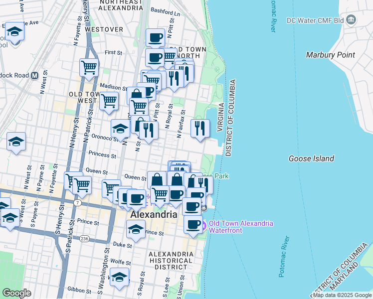 map of restaurants, bars, coffee shops, grocery stores, and more near 211 Oronoco Street in Alexandria