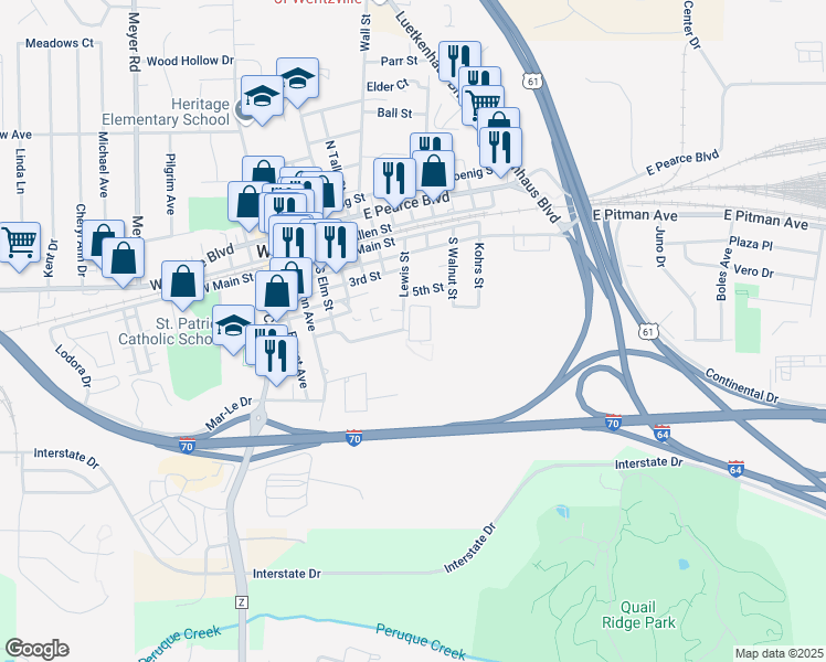 map of restaurants, bars, coffee shops, grocery stores, and more near 1001 Green Gables Circle in Wentzville
