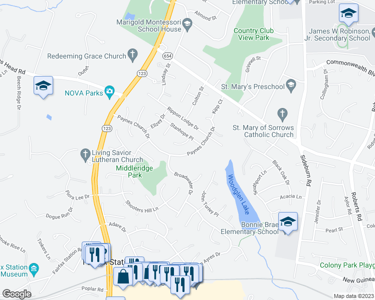 map of restaurants, bars, coffee shops, grocery stores, and more near 10812 Paynes Church Drive in Fairfax
