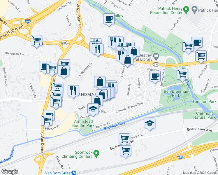 map of restaurants, bars, coffee shops, grocery stores, and more near 249 South Pickett Street in Alexandria