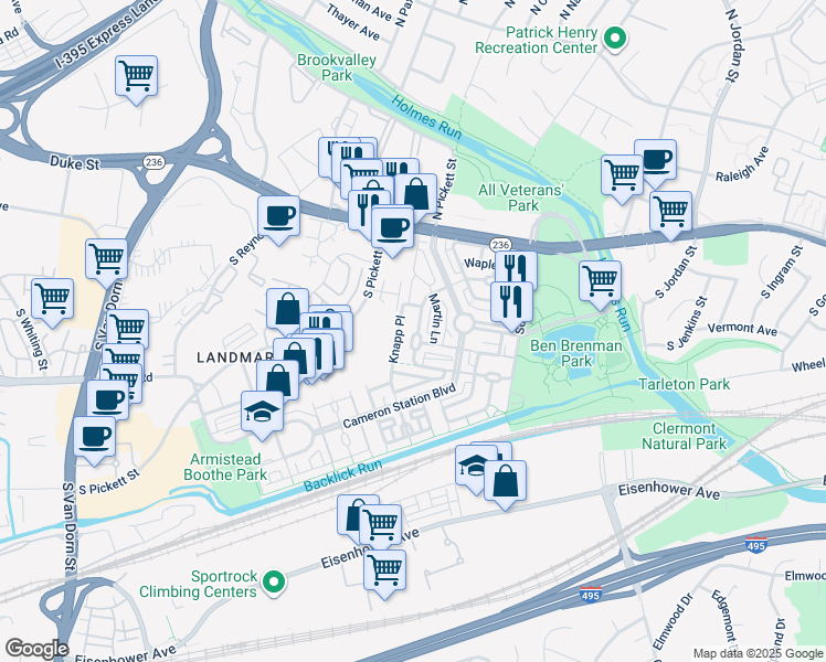 map of restaurants, bars, coffee shops, grocery stores, and more near 5100 Donovan Drive in Alexandria