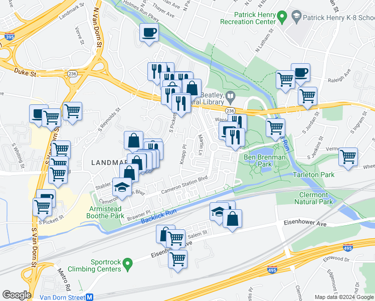 map of restaurants, bars, coffee shops, grocery stores, and more near 5112 Donovan Drive in Alexandria