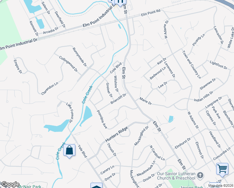 map of restaurants, bars, coffee shops, grocery stores, and more near 3335 Wilshire Drive in Saint Charles