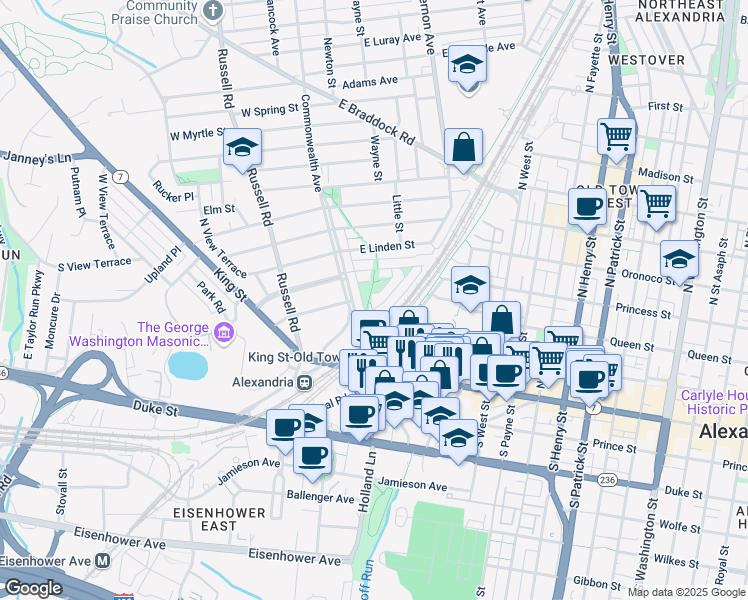 map of restaurants, bars, coffee shops, grocery stores, and more near 22 Mount Vernon Avenue in Alexandria