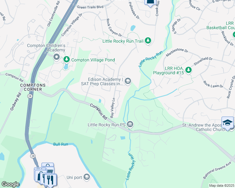 map of restaurants, bars, coffee shops, grocery stores, and more near 6908 Compton Lane in Centreville