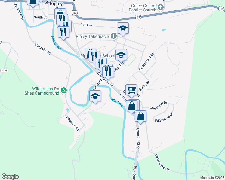 map of restaurants, bars, coffee shops, grocery stores, and more near 599 South Church Street in Ripley