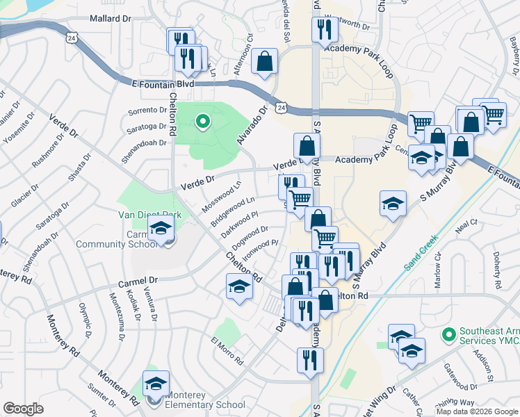 map of restaurants, bars, coffee shops, grocery stores, and more near 3585 Bridgewood Lane in Colorado Springs