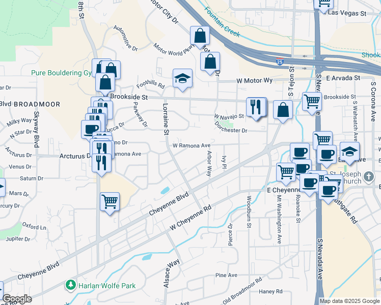 map of restaurants, bars, coffee shops, grocery stores, and more near 229 Crestone Avenue in Colorado Springs