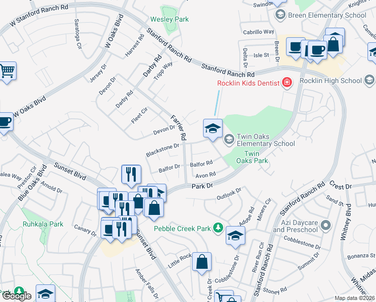 map of restaurants, bars, coffee shops, grocery stores, and more near 2806 Club Drive in Rocklin