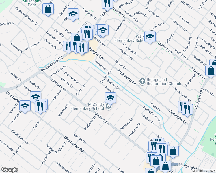map of restaurants, bars, coffee shops, grocery stores, and more near 1355 Estes Drive in Florissant