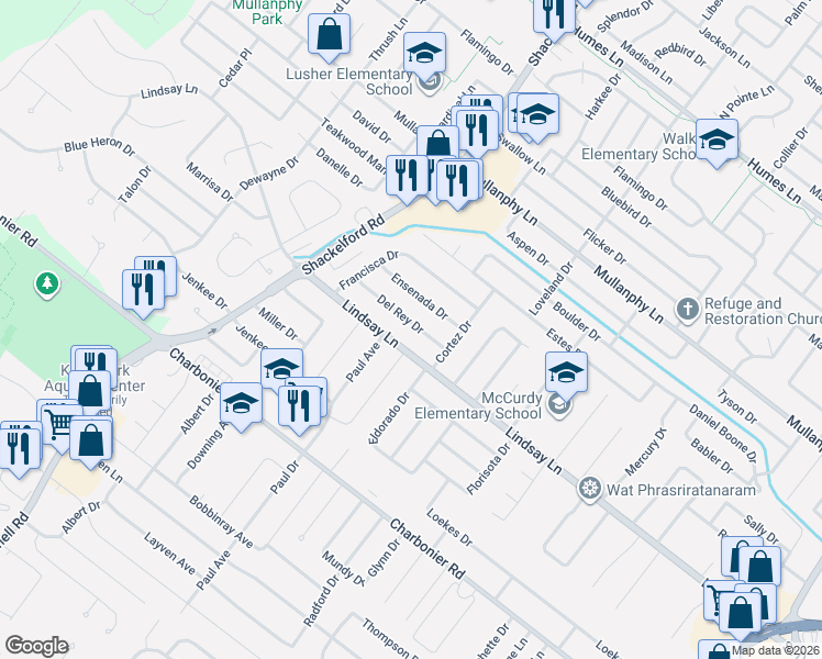 map of restaurants, bars, coffee shops, grocery stores, and more near 1320 Del Rey Drive in Florissant
