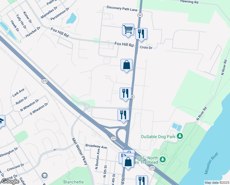 map of restaurants, bars, coffee shops, grocery stores, and more near 655 Marina Drive in Saint Charles
