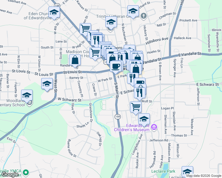 map of restaurants, bars, coffee shops, grocery stores, and more near 218 Monroe Street in Edwardsville