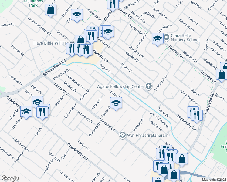 map of restaurants, bars, coffee shops, grocery stores, and more near 1325 Estes Drive in Florissant