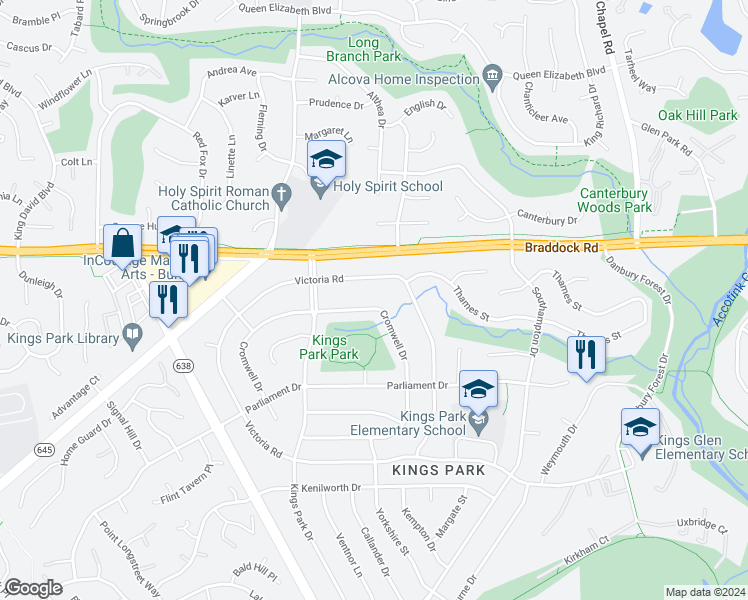 map of restaurants, bars, coffee shops, grocery stores, and more near 8704 Cromwell Drive in Springfield
