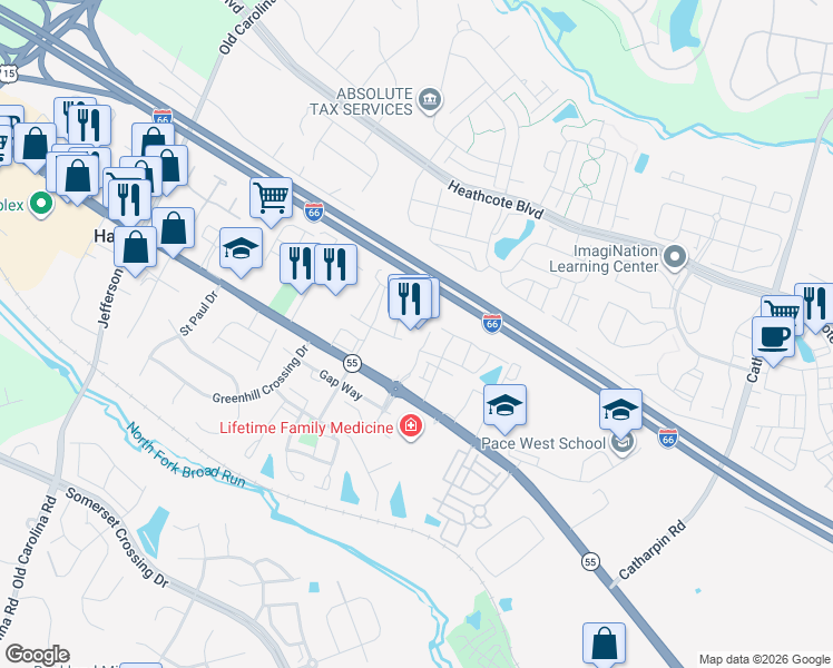 map of restaurants, bars, coffee shops, grocery stores, and more near 6838 Piedmont Center Plaza in Gainesville