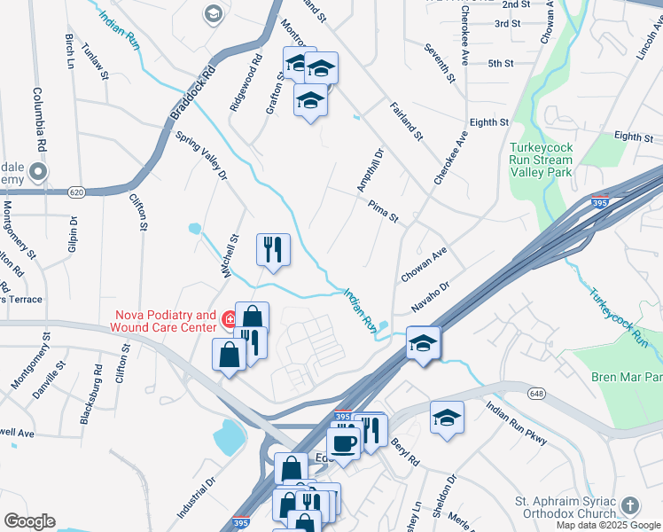 map of restaurants, bars, coffee shops, grocery stores, and more near 5233 Ampthill Drive in Alexandria