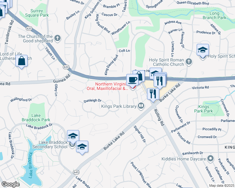 map of restaurants, bars, coffee shops, grocery stores, and more near 5216 Dunleigh Drive in Burke