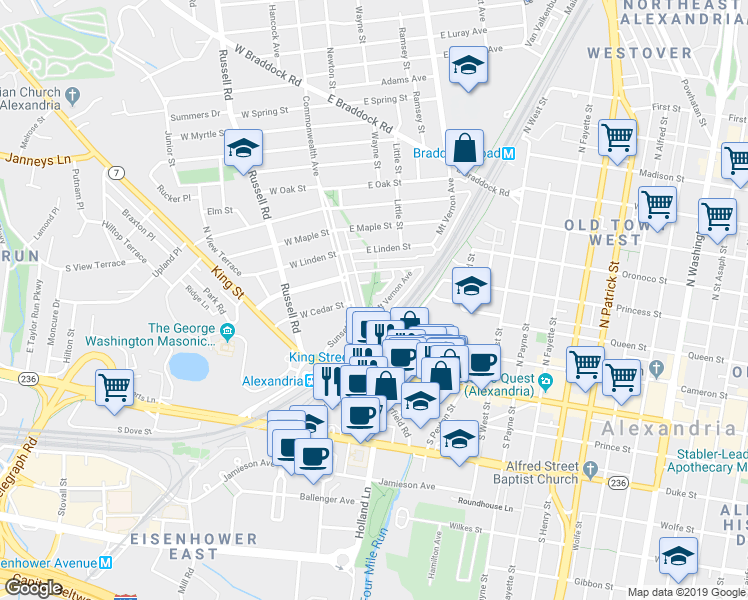 map of restaurants, bars, coffee shops, grocery stores, and more near 22 Mount Vernon Avenue in Alexandria