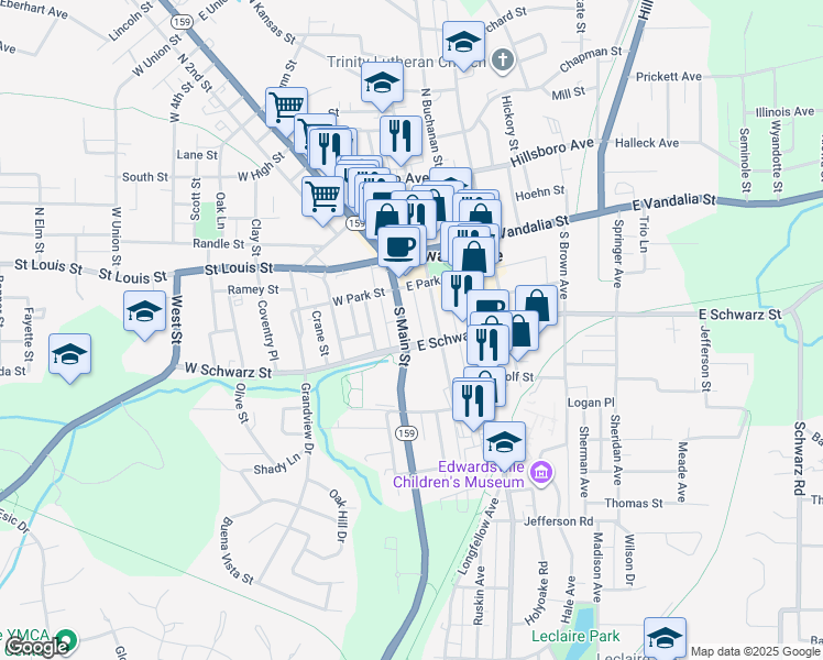 map of restaurants, bars, coffee shops, grocery stores, and more near 226 South Main Street in Edwardsville