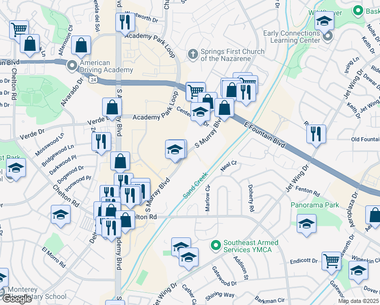 map of restaurants, bars, coffee shops, grocery stores, and more near 1540 South Murray Boulevard in Colorado Springs