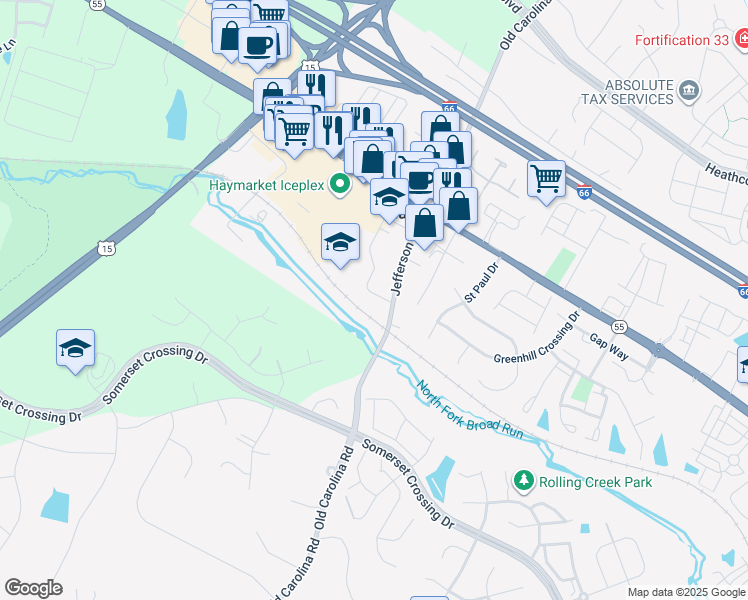 map of restaurants, bars, coffee shops, grocery stores, and more near 6796 Fayette Street in Haymarket