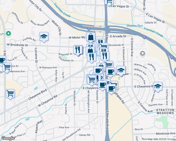 map of restaurants, bars, coffee shops, grocery stores, and more near 8 East Ramona Avenue in Colorado Springs