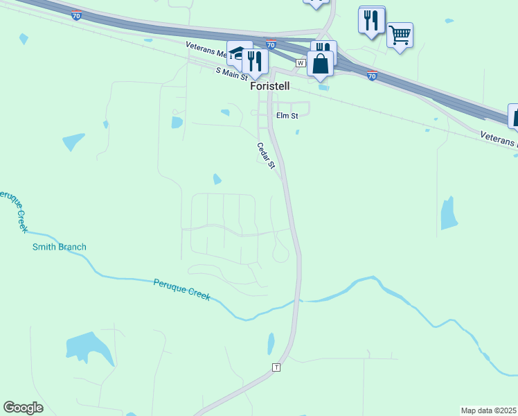 map of restaurants, bars, coffee shops, grocery stores, and more near 133 Cedar Street in Foristell