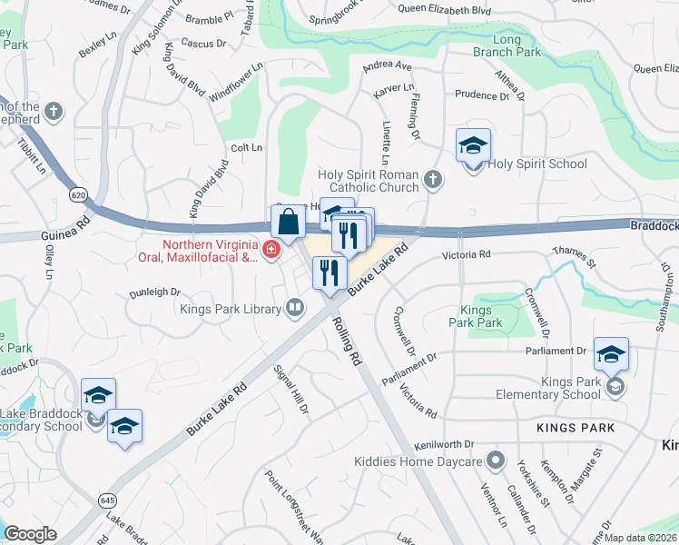 map of restaurants, bars, coffee shops, grocery stores, and more near 8970 Burke Lake Road in Springfield