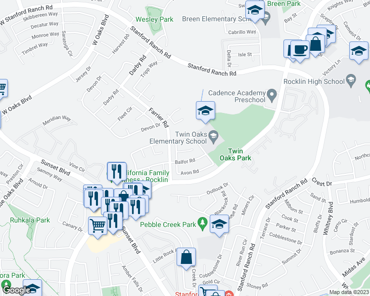 map of restaurants, bars, coffee shops, grocery stores, and more near 5718 Byron Court in Rocklin