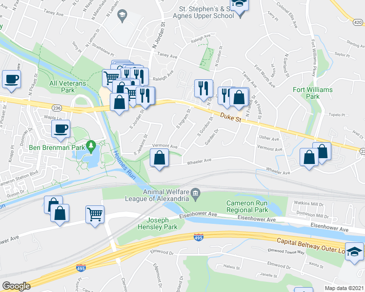 map of restaurants, bars, coffee shops, grocery stores, and more near 4305 Vermont Avenue in Alexandria