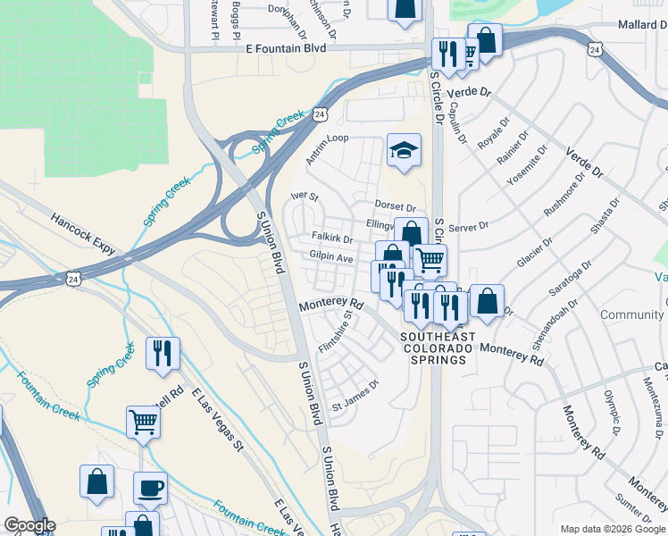 map of restaurants, bars, coffee shops, grocery stores, and more near 2289 Gilpin Avenue in Colorado Springs