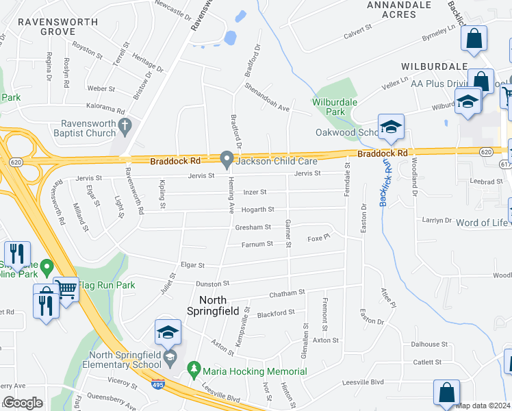 map of restaurants, bars, coffee shops, grocery stores, and more near 7412 Hogarth Street in Springfield