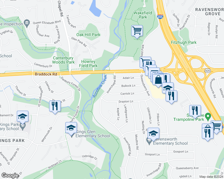 map of restaurants, bars, coffee shops, grocery stores, and more near 5213 Inverchapel Road in Springfield
