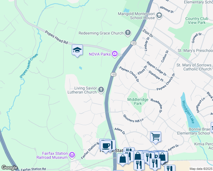 map of restaurants, bars, coffee shops, grocery stores, and more near 5428 Ox Road in Fairfax Station
