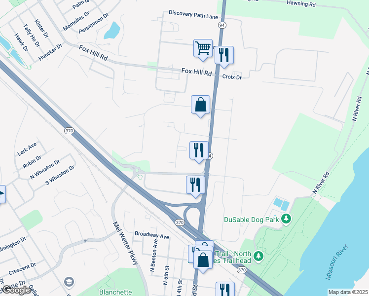 map of restaurants, bars, coffee shops, grocery stores, and more near 655e Marina Drive in Saint Charles