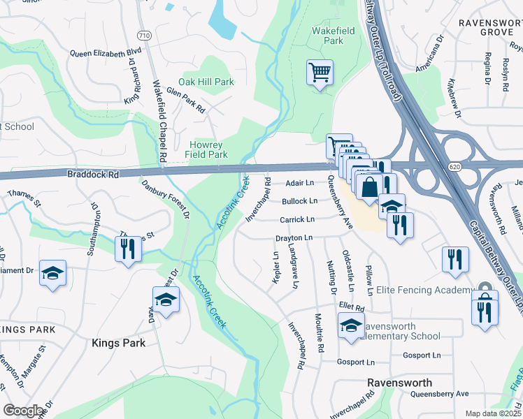 map of restaurants, bars, coffee shops, grocery stores, and more near 5213 Inverchapel Road in Springfield