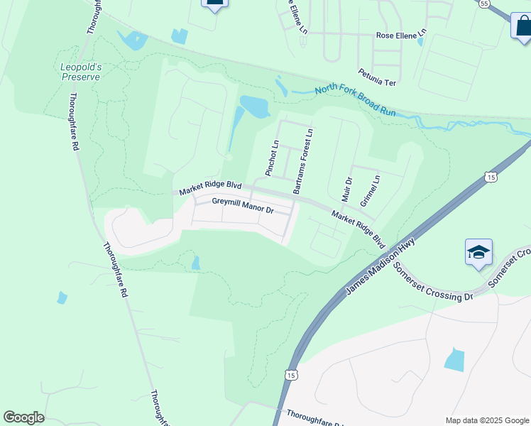map of restaurants, bars, coffee shops, grocery stores, and more near 15931 Greymill Manor Drive in Haymarket