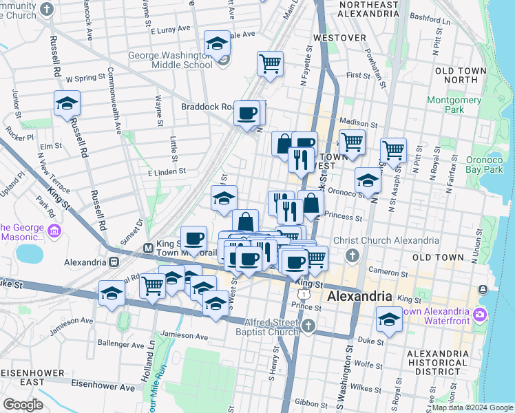 map of restaurants, bars, coffee shops, grocery stores, and more near 1308 Princess Street in Alexandria