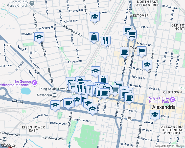 map of restaurants, bars, coffee shops, grocery stores, and more near 1603 Boyle Street in Alexandria