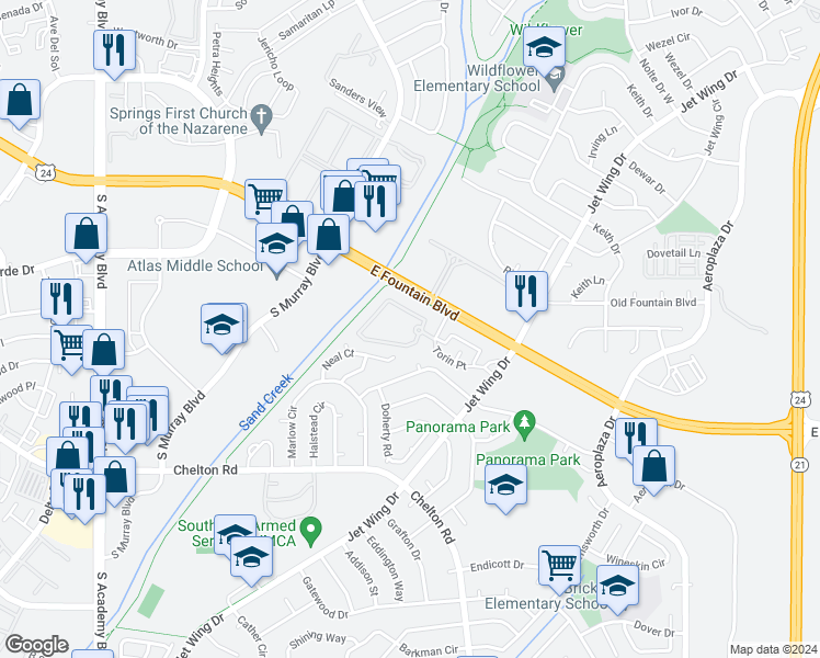 map of restaurants, bars, coffee shops, grocery stores, and more near 4560 East Fountain Boulevard in Colorado Springs