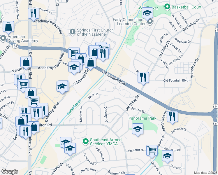 map of restaurants, bars, coffee shops, grocery stores, and more near 4340 East Fountain Boulevard in Colorado Springs
