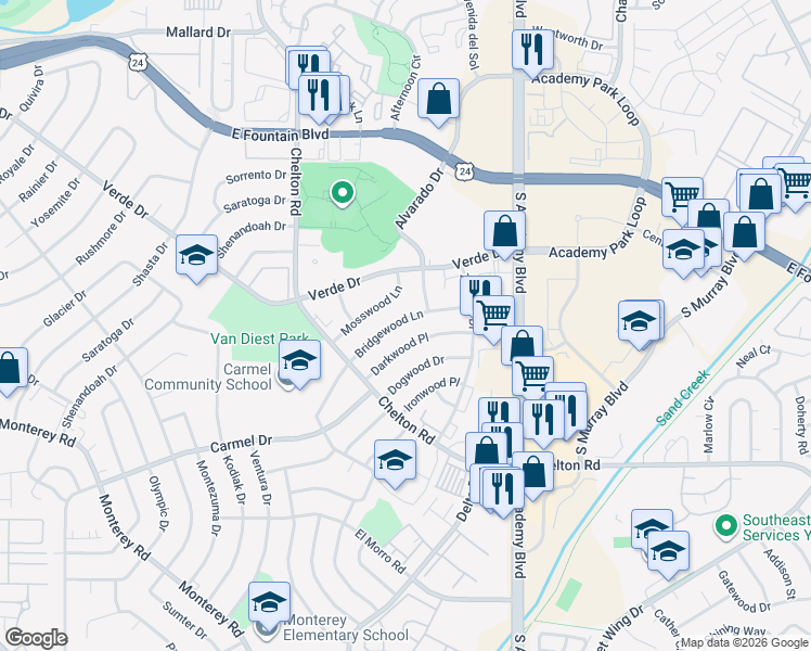 map of restaurants, bars, coffee shops, grocery stores, and more near 3585 Bridgewood Lane in Colorado Springs